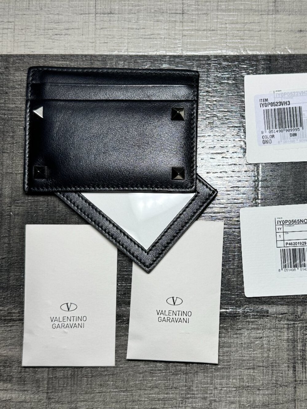 Valentino Rockstud Black Leather Card Case with Sliding ID Window
